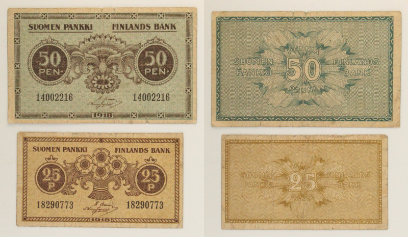 Finlandia - Lotto di 2 banconote: 50 Pennia 1918 P#34 - 25 Pennia 1918 P#33

S...