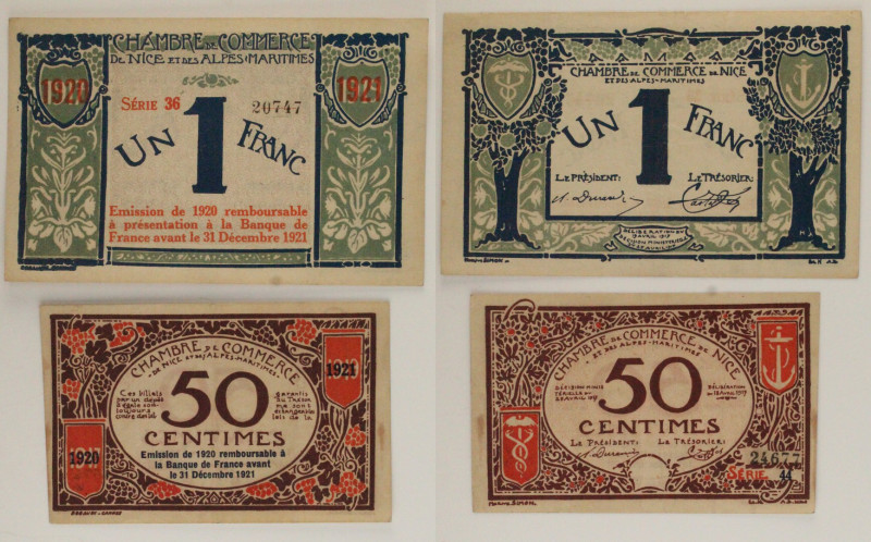 Francia - Notgeld - Nizza - Lotto di 2 banconote da 1 Franco e 50 Centimes 1917...