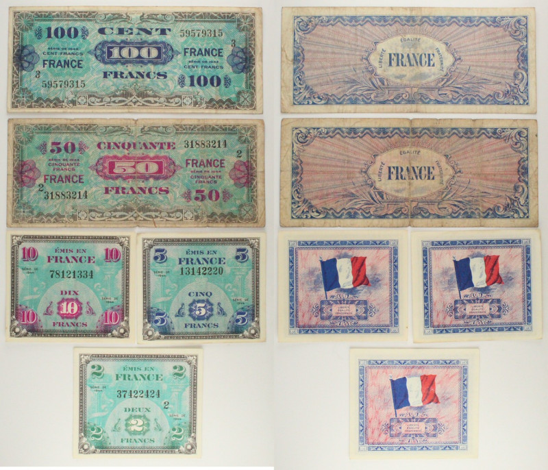 Francia - Lotto di 5 banconote: 100 Francs 1945 P#123 - 50 Francs 1945 P#122 - 1...