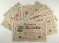 Germania - Wilhelm II (1888-1918) - Lotto di 10 banconote: 2 esemplari da 1000 Mark 1910 Green Seal P#45b - 8 esemplari da 1000 Mark 1884 Red Seal P#1...