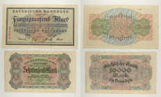 Germania - Lotto di 2 banconote Stato federale della Sassonia 10.000 Mark 1923 (German notgeld) P#S958 - Stato federale della Bavaria 50.000 Mark 1923...