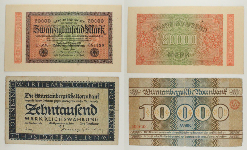 Germania - Lotto di 2 banconote: Stato federale del Württemberg 10.000 Mark 1923...