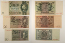Germania - Lotto di 3 banconote: 50 Reichsmark 1933 P#182 - 20 Reichsmark 1929 P#181 - 10 Reichsmark 1929 P#180 - buon livello di conservazione

SPE...