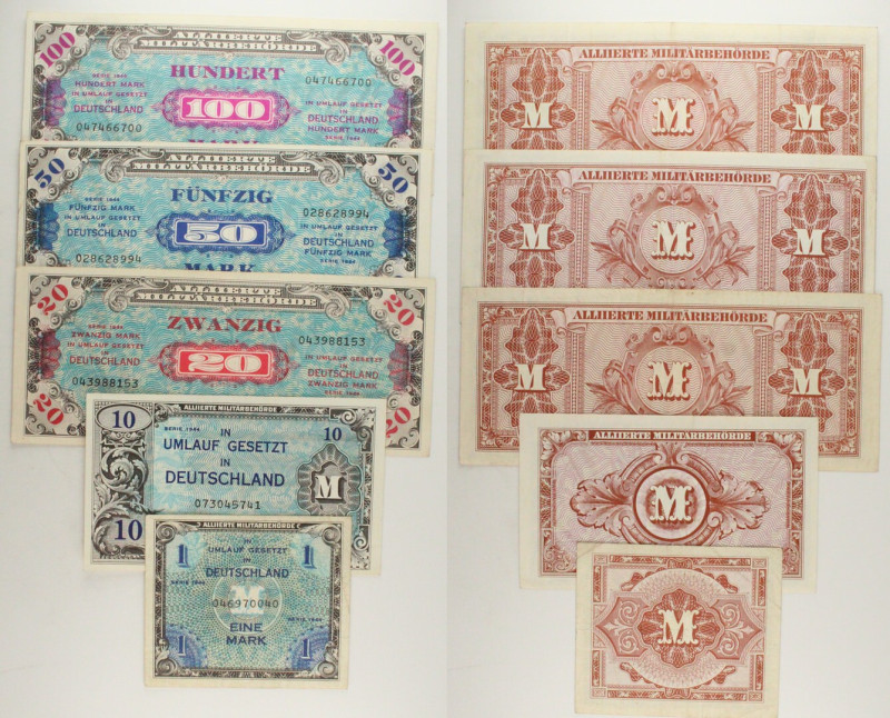 Germania - Occupazione alleata (1945-1949) - Lotto di 5 banconote: 1 Mark 1944 P...