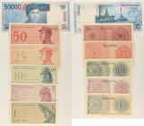 Indonesia - Lotto di 6 banconote: 50.000 Rupiah 2009 P#145e, 50 Sen 1964 P#94a, 25 Sen 1964 (serie sostitutiva X ) P#93, 10 Sen 1964 P#92a, 5 Sen 1964...