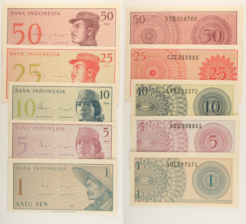 Indonesia - Lotto di 5 banconote: 50 Sen 1964 P#94 - 25 Sen 1964 P#93 - 10 Sen 1...