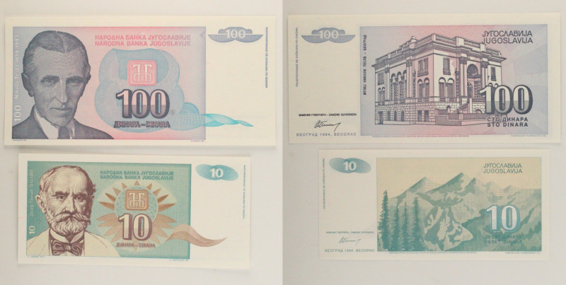 Jugoslavia - Lotto di 2 banconote: 100 Dinara 1994 P#139 - 10 Dinara 1994 P#138...