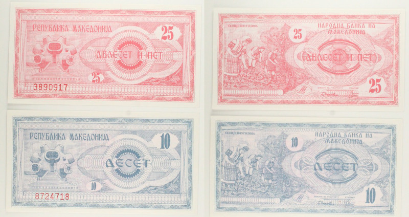 Macedonia del Nord - Lotto di 2 banconote: 25 Denari 1992 P#2 - 10 Denari 1992 P...
