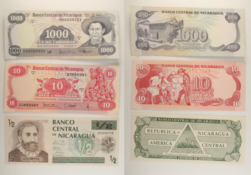 Nicaragua - Lotto di 3 banconote: 1000 Cordoba 1984 P#143 - 10 Cordoba 1979 P#13...