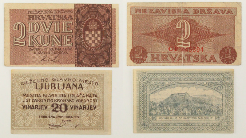 Mondiali - Lotto di 2 banconote: Croazia 2 Kune 1942 P#8 - Lubiana, Jugoslavia N...