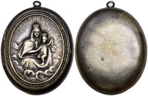 Portapillole che presenta una raffigurazione religiosa in rilievo, con la Madonna e il Bambino entrambi incoronati, un'iconografia riconducibile alla ...