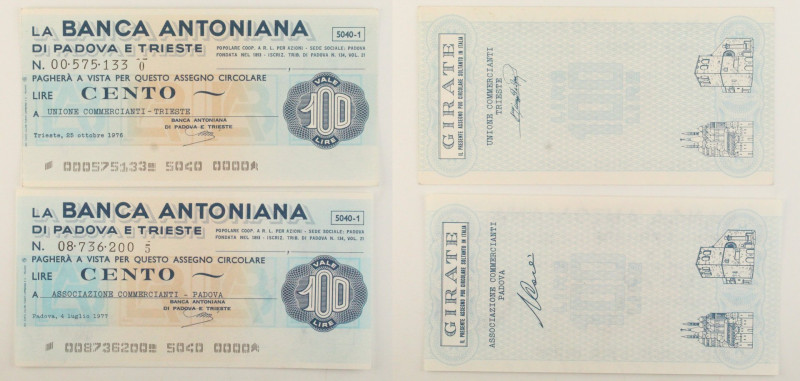 Banca Antoniana di Padova e Trieste - Lotto di 2 mini assegni da 100 Lire 1976
...