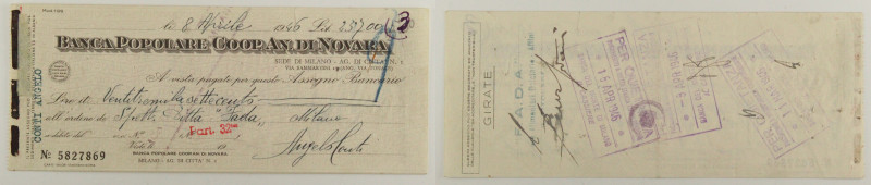 Banca Popolare Coop. An. di Novara - Assegno da Lire 23.700 - 08/04/1946

SPED...