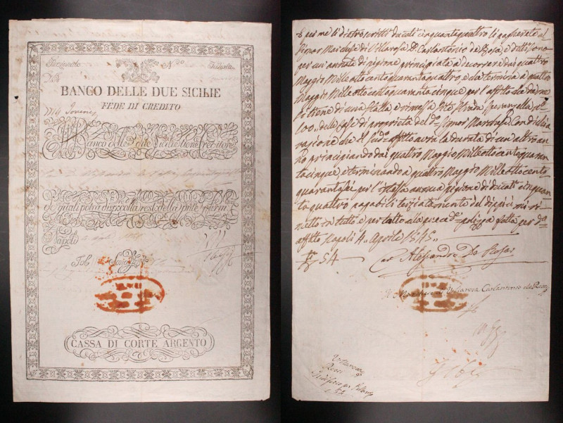 Regno delle Due Sicilie - Fede di Credito della Cassa di Corte Argento - 1845
...