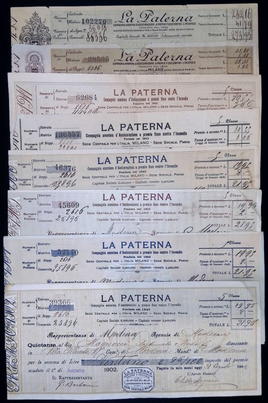 Compagnia di Assicurazioni "La Paterna" - lotto di 8 Quietanze - anni 1902, 1904...