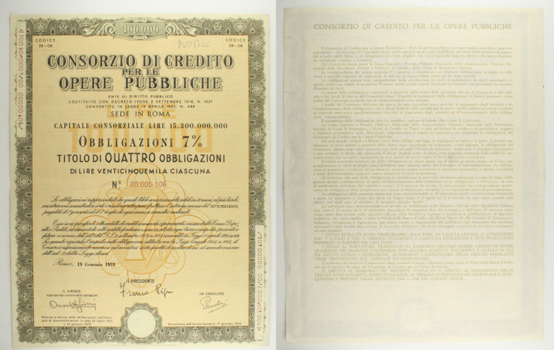 Consorzio di Credito per le Opere Pubbliche - Titolo di 4 obbligazioni da 25.000...