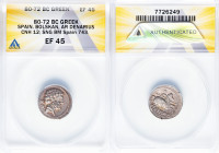 SPAIN. Bolscan (Osca). Ca. 2nd-1st centuries BC. AR drachm or denarius (19mm, 1h). ANACS XF 45. Ca. 150-100 BC. BON (Iberian), bearded male head right...