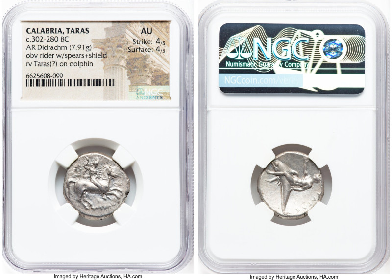 CALABRIA. Tarentum. Ca. 302-280 BC. AR didrachm (21mm, 7.91 gm, 3h). NGC AU 4/5 ...