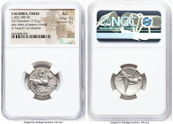 CALABRIA. Tarentum. Ca. 302-280 BC. AR didrachm (21mm, 7.91 gm, 3h). NGC AU 4/5 - 4/5. Ca. 315-300 BC. Si- and Lycon, magistrates. ΛYKΩN, nude warrior...