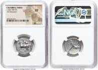 CALABRIA. Tarentum. Ca. 302-280 BC. AR didrachm (21mm, 3h). NGC XF. Philocles, Si-, and Lyl-, magistrates. ΦIΛOKΛHΣ, nude youth on horse galloping lef...