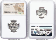 CALABRIA. Tarentum. Ca. 302-280 BC. AR didrachm (20mm, 5h). NGC Choice VF. Ca. 315-300 BC. Si- and Lycon, magistrates. ΛYKΩN, nude warrior on horse re...