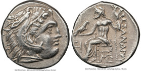 MACEDONIAN KINGDOM. Alexander III the Great (336-323 BC). AR drachm (17mm, 4.23 gm, 4h). NGC Choice XF 4/5 - 4/5, die shift. Posthumous issue, Lampsac...