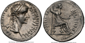 Tiberius (AD 14-37). AR denarius (18mm, 3.69 gm, 4h). NGC Choice AU 4/5 - 1/5. Lugdunum, ca. AD 18-35. TI CAESAR DIVI-AVG F AVGVSTVS, laureate head of...