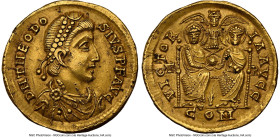 Theodosius I, Eastern Roman Empire (AD 379-395). AV solidus (20mm, 4.48 gm, 6h). NGC Choice XF 5/5 - 2/5, slight bend, edge marks, scuffs. Trier, ca. ...