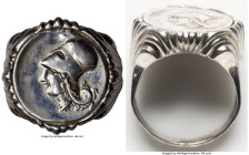 ANTIQUITIES. Greek. Bruttium. Medma. Ca. 350-340 BC. AR stater in ca. AD 1930 silver ring mount (20mm, 6h). VF, brushed. Pegasus flying left / Head of...