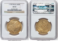 José I gold 6400 Reis 1770-B AU55 NGC, Bahia mint, KM172.1, Bentes-174.26. Lightly circulated, muted luster and adjustments noted. HID09801242017 © 20...