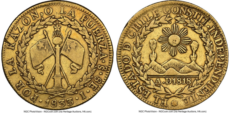 Republic gold 8 Escudos 1833 So-I XF Details (Rim Damage) NGC, Santiago mint, KM...