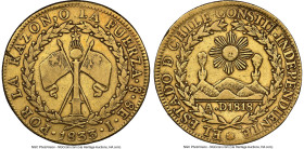 Republic gold 8 Escudos 1833 So-I XF Details (Rim Damage) NGC, Santiago mint, KM84,, Fr-33. A popular early Chilean issue with a harvest gold patina. ...