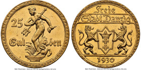 Free City gold 25 Gulden 1930 MS63+ NGC, Berlin mint, KM150, Fr-44. Mintage: 4,000. HID09801242017 © 2024 Heritage Auctions | All Rights Reserved www....