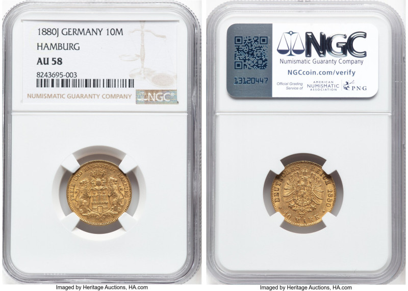 Hamburg. Free City gold 10 Mark 1880-J AU58 NGC, Hamburg mint, KM600, J-209, Fr-...