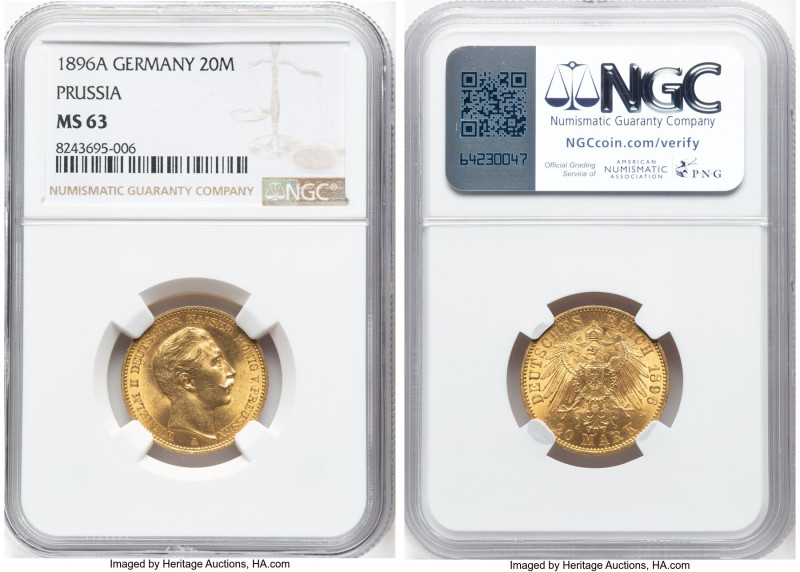 Prussia. Wilhelm II gold 20 Mark 1896-A MS63 NGC, Berlin mint, KM521, J-252, Fr-...