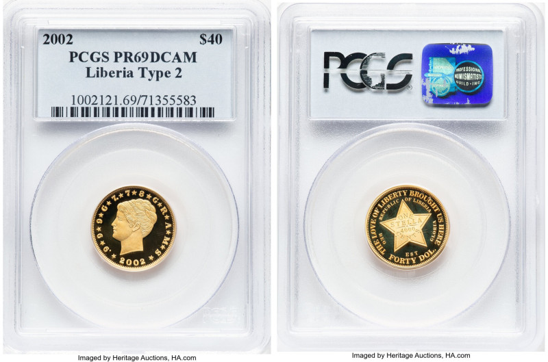 Republic gold Proof "Coiled Hair Stella" 40 Dollars (1/4 oz) 2002 PR69 Deep Came...