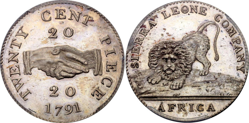 PR62 | SIERRA LEONE. British. 
Silver 20 Cents, 1791. Soho Mint. Proof. 
Obv.:...