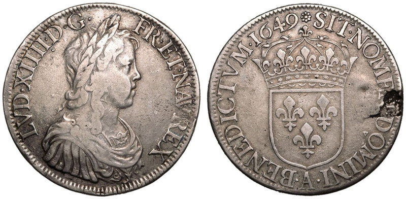 Very fine | FRANCE. Louis XIV. 
Silver 1 &Eacute;cu, 1649 A. Paris. 
Very fine...