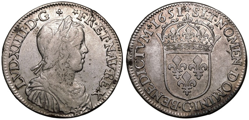 About very fine | FRANCE. Louis XIV. 
Silver 1/2 Ecu, 1651 C. Caen. 
Obv.: LVD...