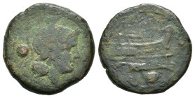 SERIE ANONIMA (c. 215-212 a.C.). Uncia per Roma. AE (g 6,74). Testa elmata di Roma a destra; globetto dietro. R/ Prua di nave a destra; globetto sotto...