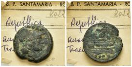 SERIE ANONIMA (dopo il 211 a.C.). Triente. AE (g 7,82). Zecca incerta in Sardegna(?). Testa elmata di Minerva a destra; quattro globetti sopra. R/ Pru...