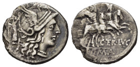 C. TERENTIUS LUCANUS (147 BC). Denario per Roma. AR (g 3,21). Testa elmata di Roma a destra; dietro, Vittoria con corona sopra X. R/ I Dioscuri al gal...