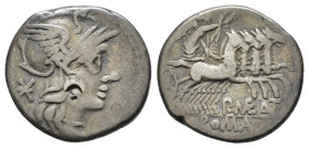 P. MAENIUS ANTIATICUS M. F. (132 a.C.). Denario per Roma. AR (g 3,81). Testa elmata di Roma a destra. R/ Vittoria in quadriga a destra. Crawford 249/1...