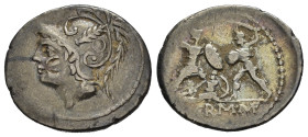 Q. THERMUS M. F. (103 a.C.). Denario per Roma. AR (g 3,93). Testa di Marte a sinistra, con elmo crestato e ornato da piuma. R/ Due guerrieri in combat...