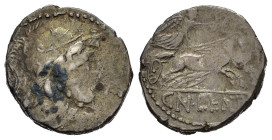 CN. LENTULUS CLODIANUS (88 a.C.). Denario per Roma. AR (g 4,07). Busto elmato di Marte a destra. R/ Vittoria in biga a destra, regge corona e redini. ...