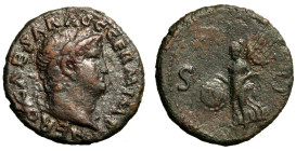 NERONE (54-68) Asse. NERO CAESAR AVG GERM IMP, Testa laur. a ds. R/ Vittoria alata in volo a sn. con scudo e scritta SPQR. RIC 312 (g. 10,29) AE BB