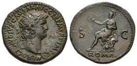NERONE (54-68). Dupondio per Roma. AE (g 12,78). Testa radiata a destra. R/ Roma seduta a sinistra su corazza, regge corona e parazonio. RIC I 298. Ra...