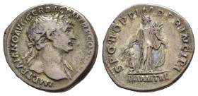 TRAIANO (98-117). Denario per Roma. AR (g 3,43). Busto laureato a destra, con drappeggio sulla spalla sinistra. R/ Annona stante a sinistra, con cornu...