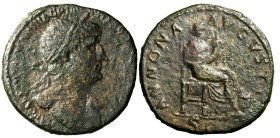 ADRIANO (117-138) Sesterzio. Testa laur. a ds. R/ Annona seduta a ds., con cornucopia; modio pieno di grano ai suoi piedi. RIC 580a.(g. 23,8) AE qBB