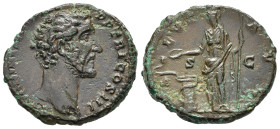 ANTONINO PIO (138-161). Asse per Roma. AE (g 11,87). Testa nuda a destra. R/ Salus stante a sinistra, regge scettro e nutre serpente. RIC III 688a. Ra...